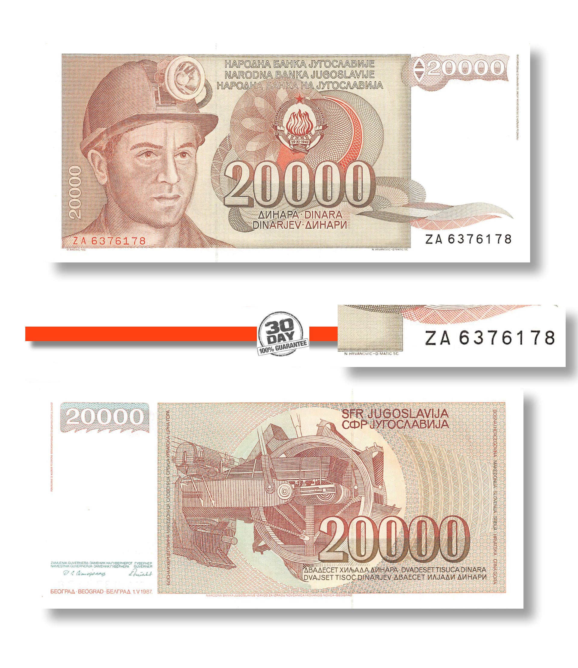 P-095r Yugoslavia 20000 Dinara 1987 Unc Replacement