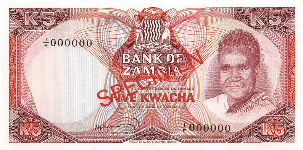 P-015s - Zambia 5 Kwacha 1973 UNC Specimen