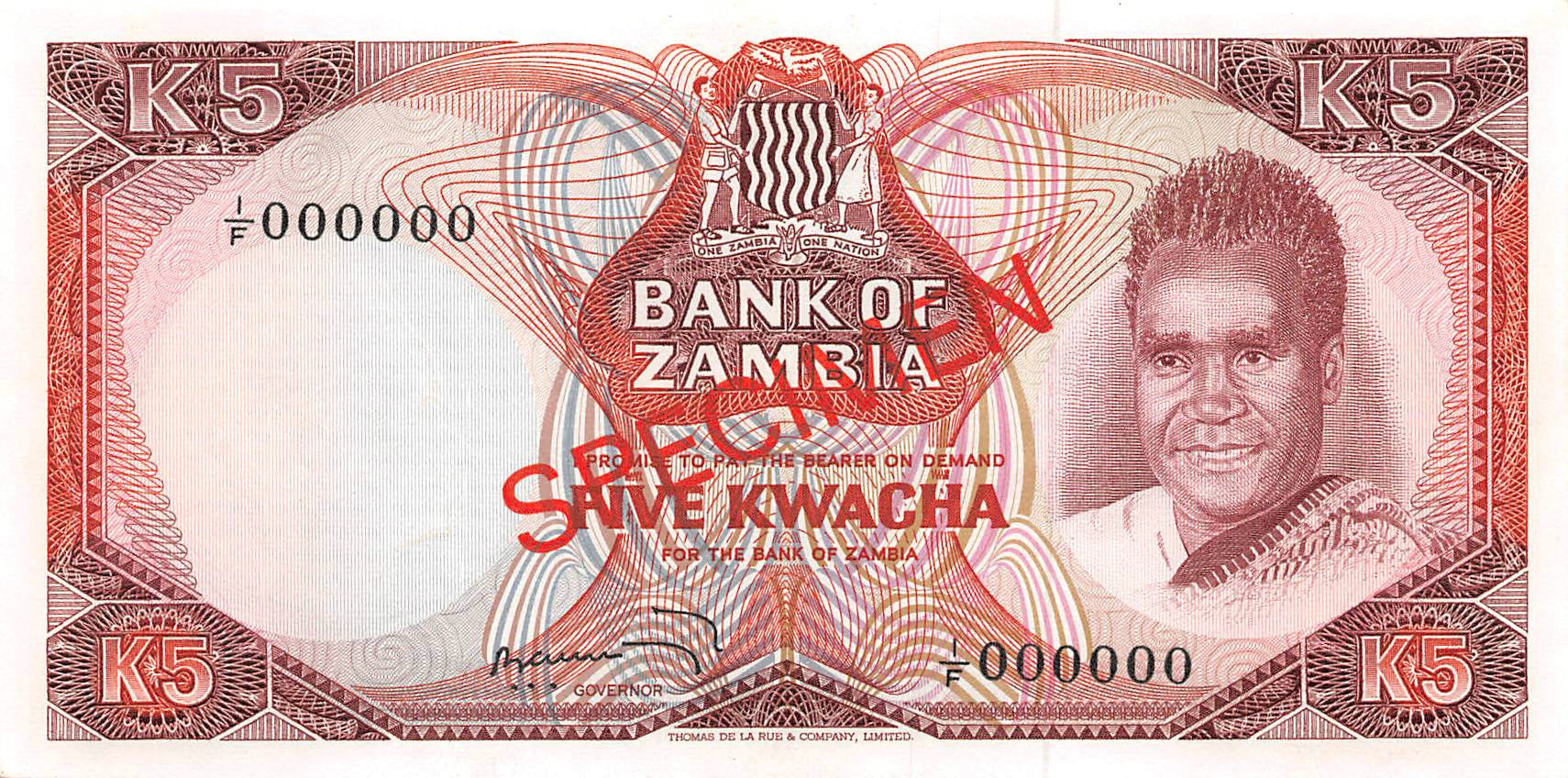 P-015s - Zambia 5 Kwacha 1973 UNC Specimen