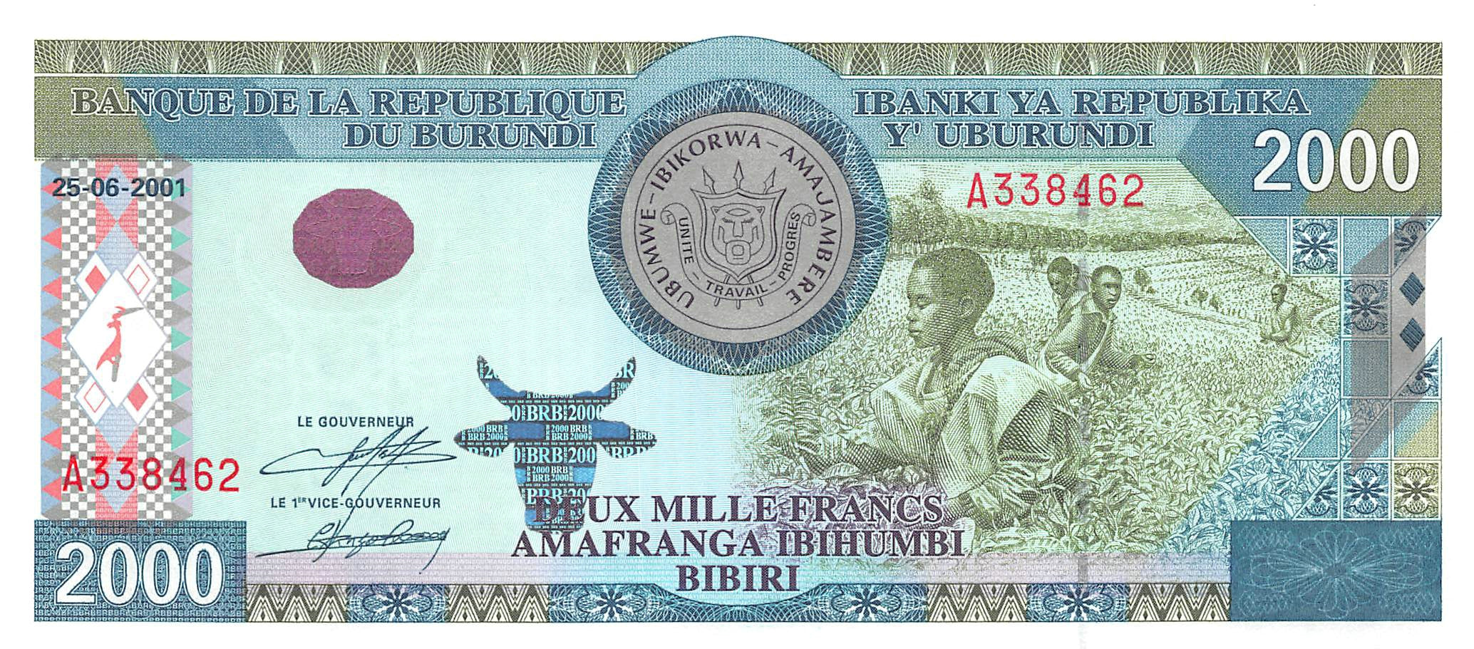 P-41 - Burundi 2000 Francs 2001 Unc