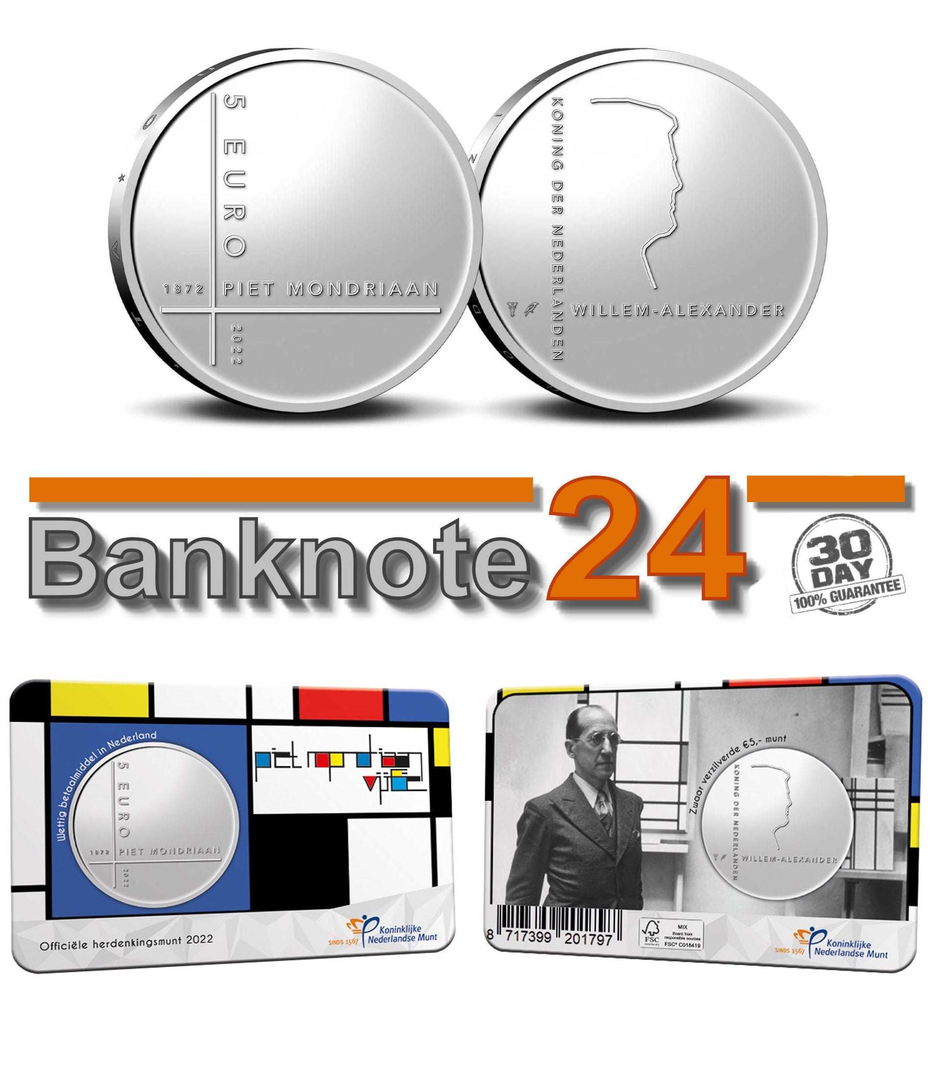 2022 - Nederland 5 Euro Coincard - Piet Mondriaan - First Day Issue - UNC