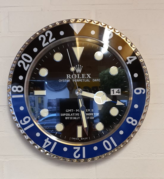 Wandklok Rolex GMT Master II type Batman 35cm RVS (roestvrij staal)