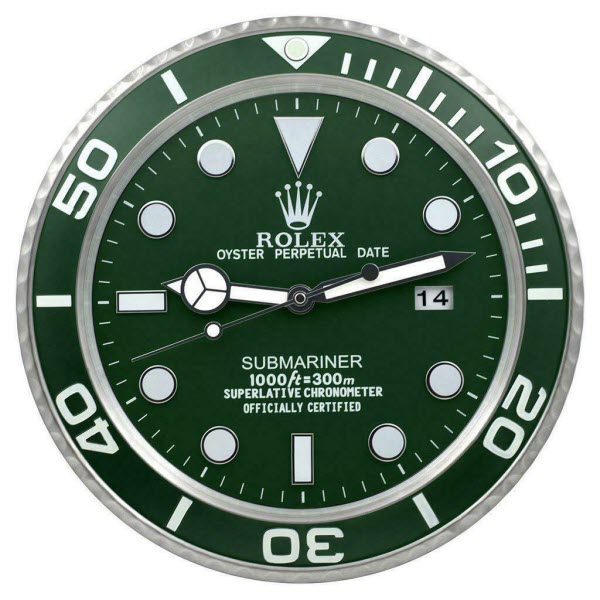 Wandklok Rolex Submariner groen-groen (Hulk), 35cm RVS (roestvrij staal)