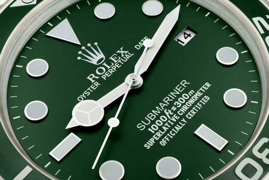 Wandklok Rolex Submariner groen-groen (Hulk), 35cm RVS (roestvrij staal)