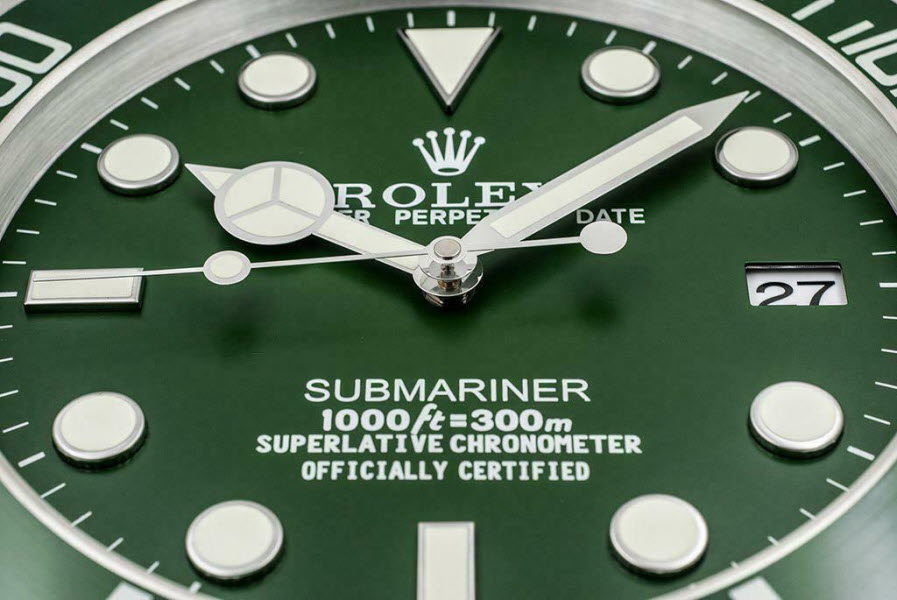 Wandklok Rolex Submariner groen-groen (Hulk), 35cm RVS (roestvrij staal)