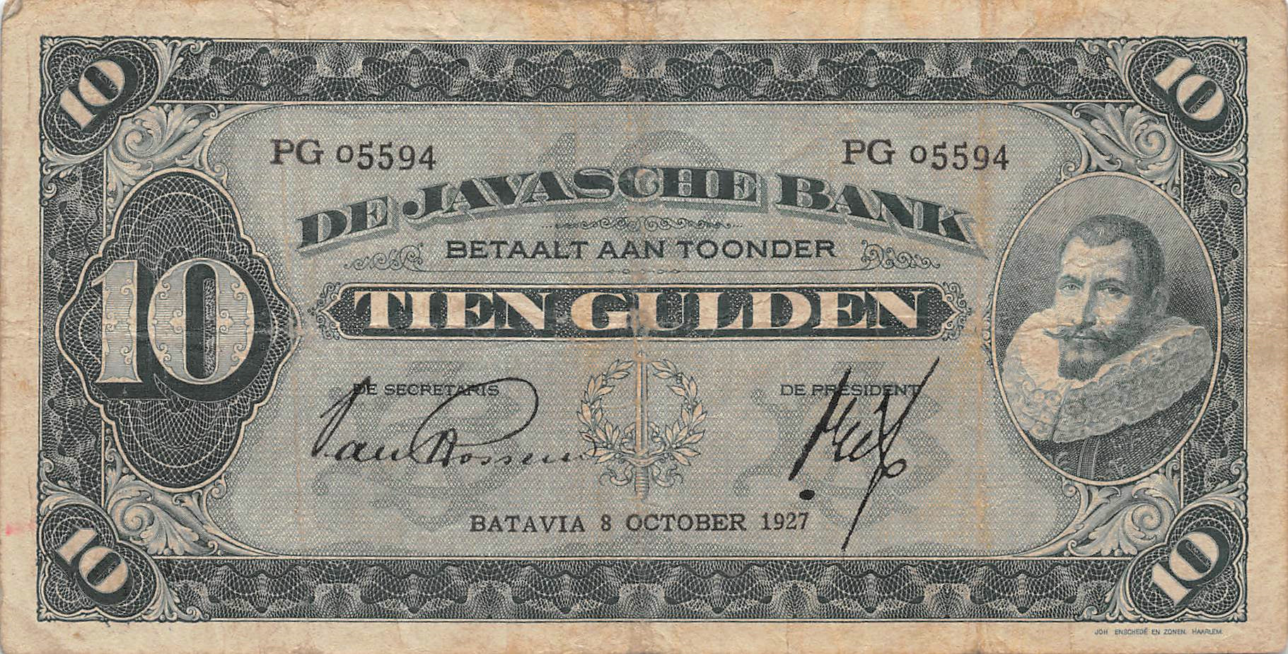 P-70a Nederlands Indië 10 Gulden 1927 Fine