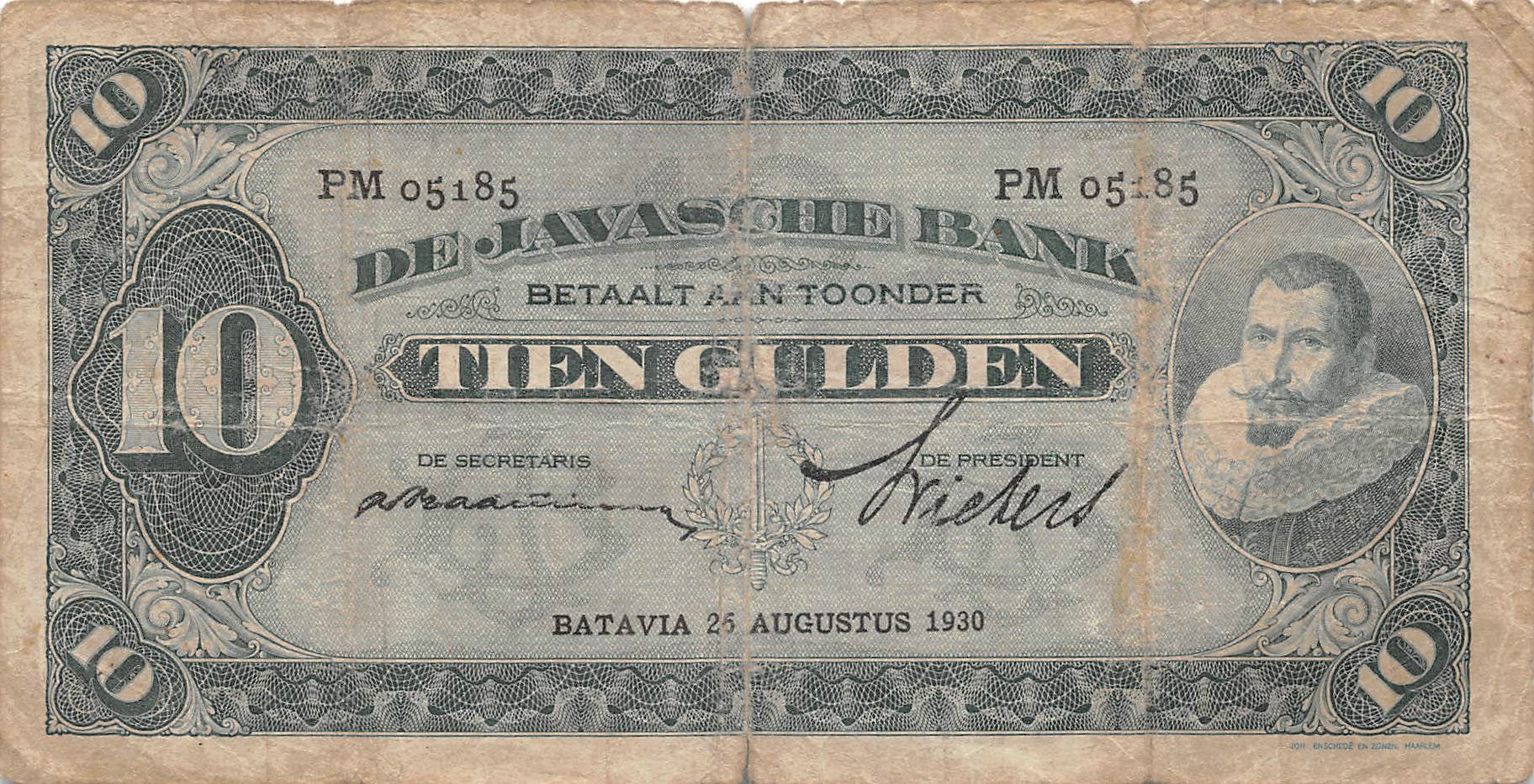P-70d Nederlands Indië 10 Gulden 1930  Very Good