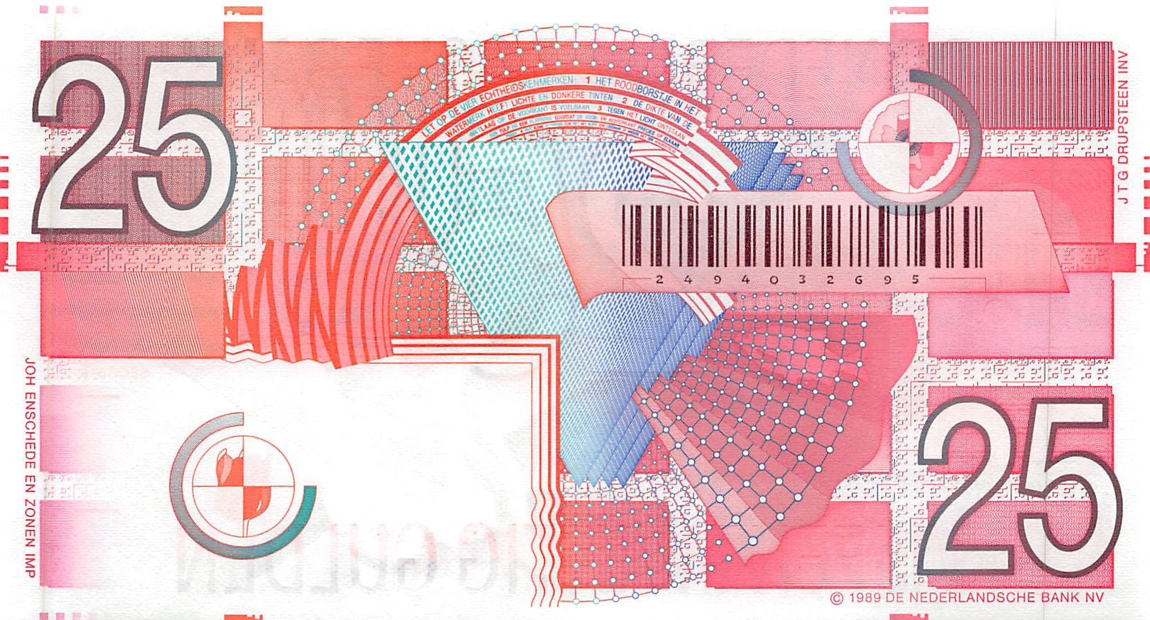 P-100 Nederland 25 Gulden 1989 Unc