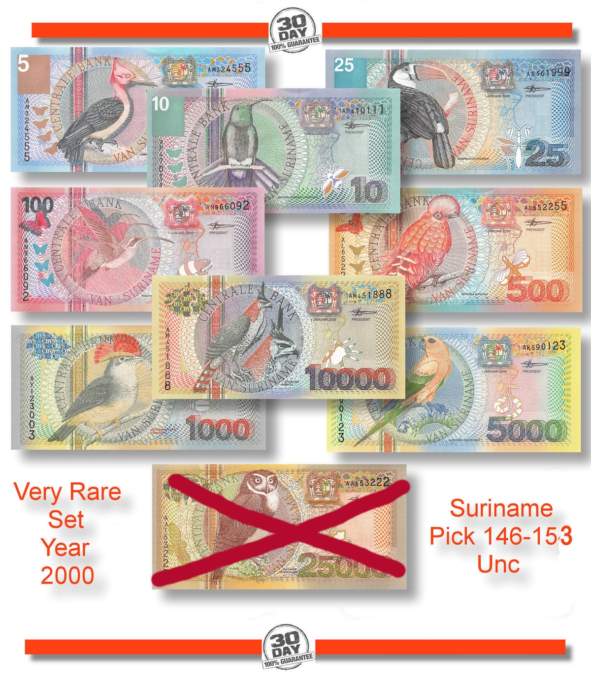 P-146 t/m P-153 Suriname 5 t/m 10.000 Gulden 2000 Unc Set