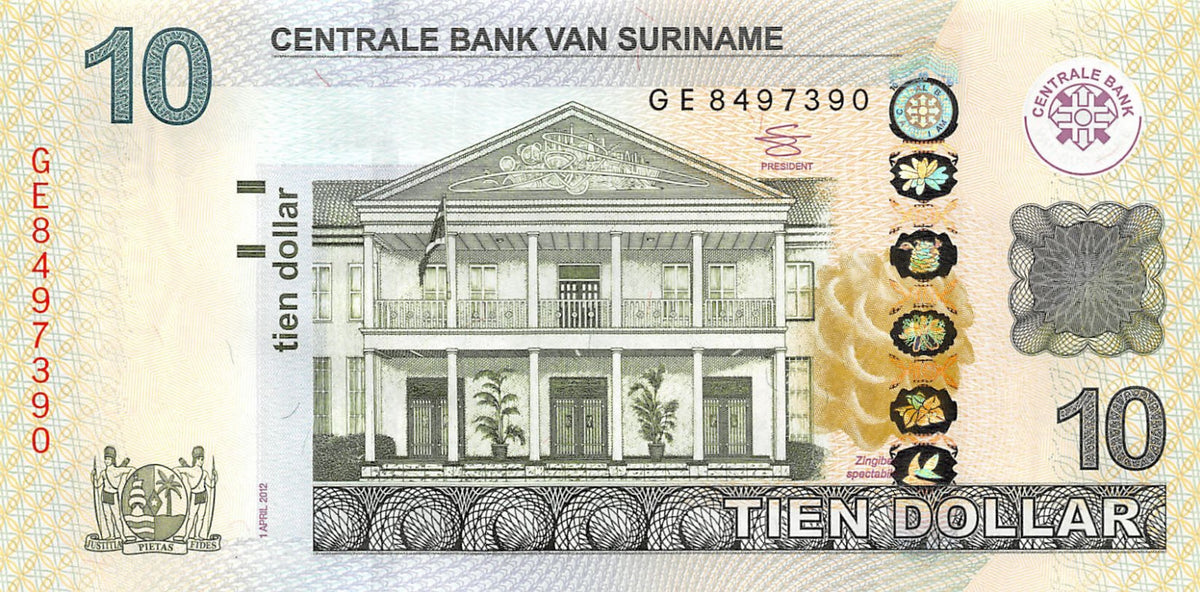 P-163b Suriname 10 Dollars 2012 Unc
