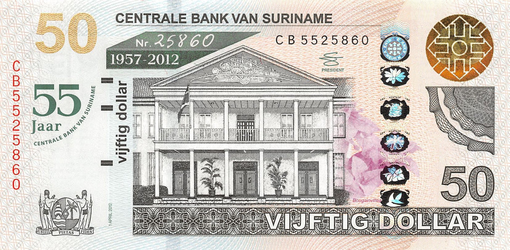 P-167 Suriname 50 Dollars 2012 55 Years Centrale Bank van Suriname Unc