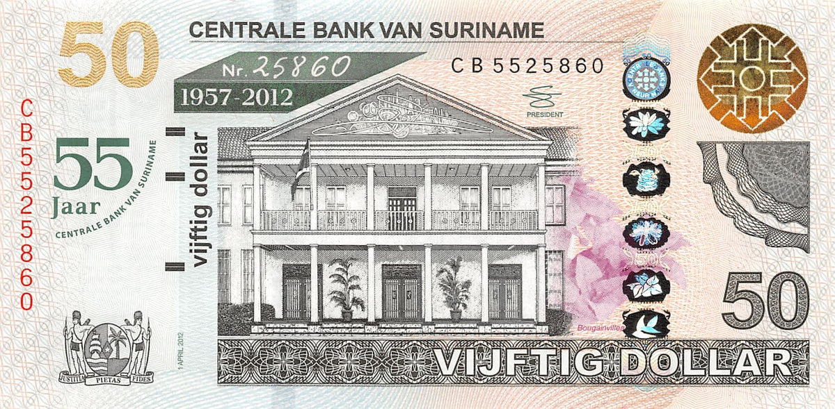 P-167 Suriname 50 Dollars 2012 55 Years Centrale Bank van Suriname Unc