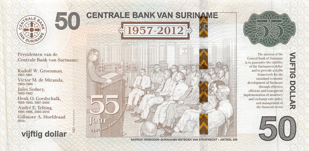 P-167 Suriname 50 Dollars 2012 55 Years Centrale Bank van Suriname Unc