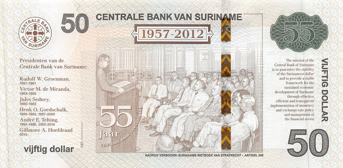 P-167 Suriname 50 Dollars 2012 55 Years Centrale Bank van Suriname Unc