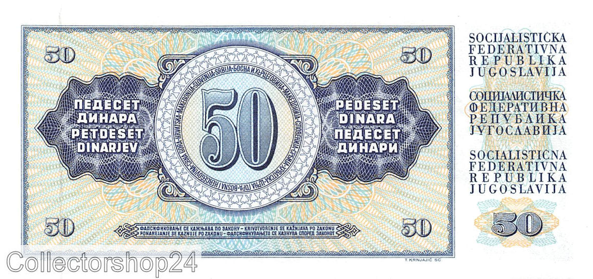 P-083c Yugoslavia 50 Dinara 1968 UNC