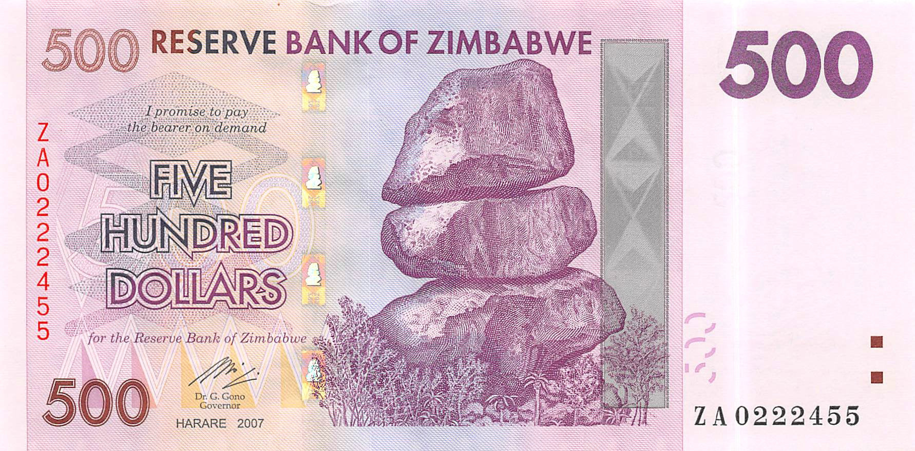 P-70r - Zimbabwe 500 Dollars 2007 Unc Replacement