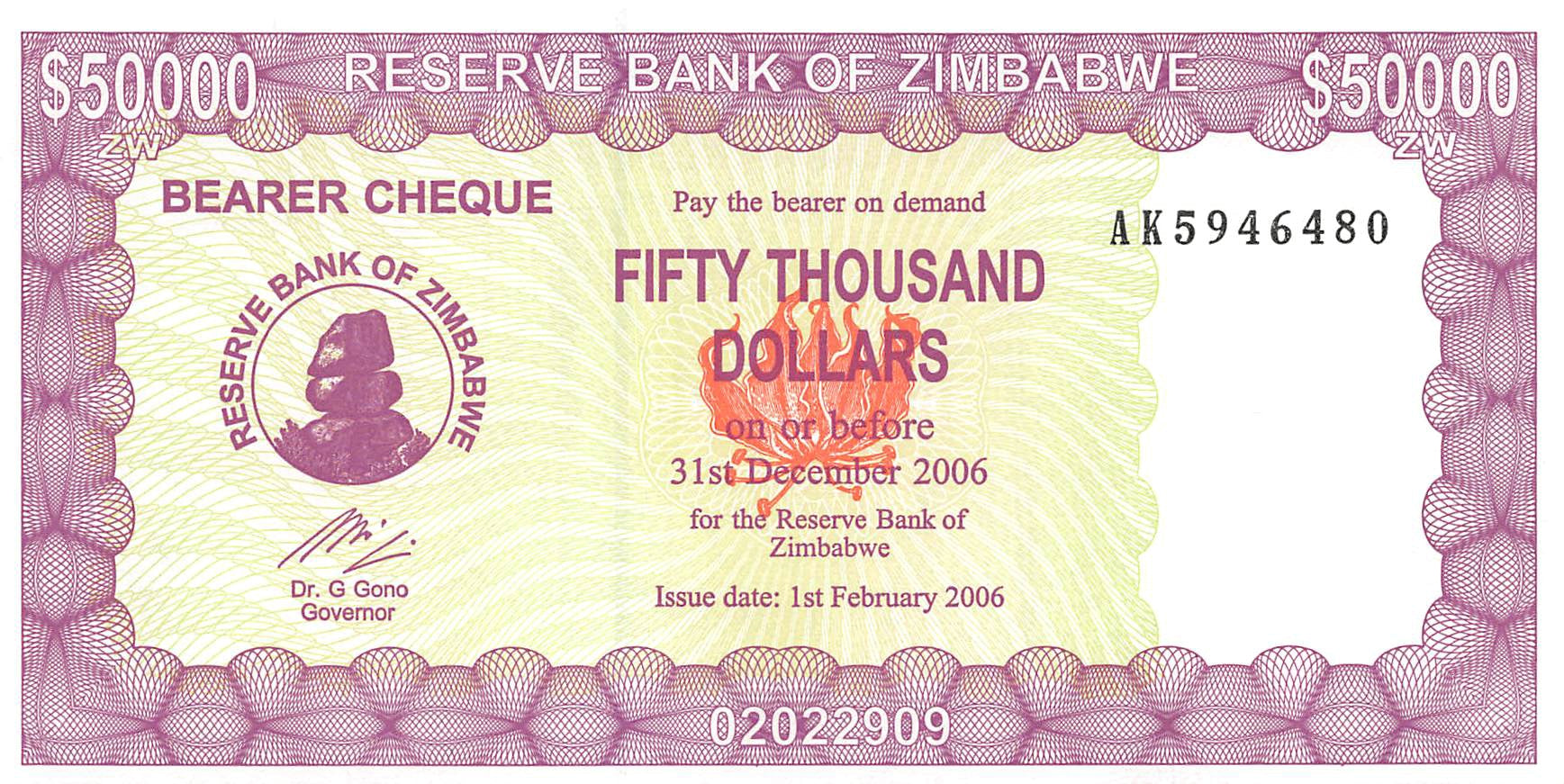 P-30a - Zimbabwe 50.000 Dollars 2006 Bearer Cheque Unc