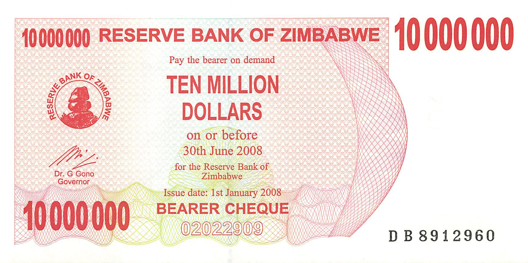 P-55b - Zimbabwe 10.000.000 Dollars 2008 Bearer Cheque Unc