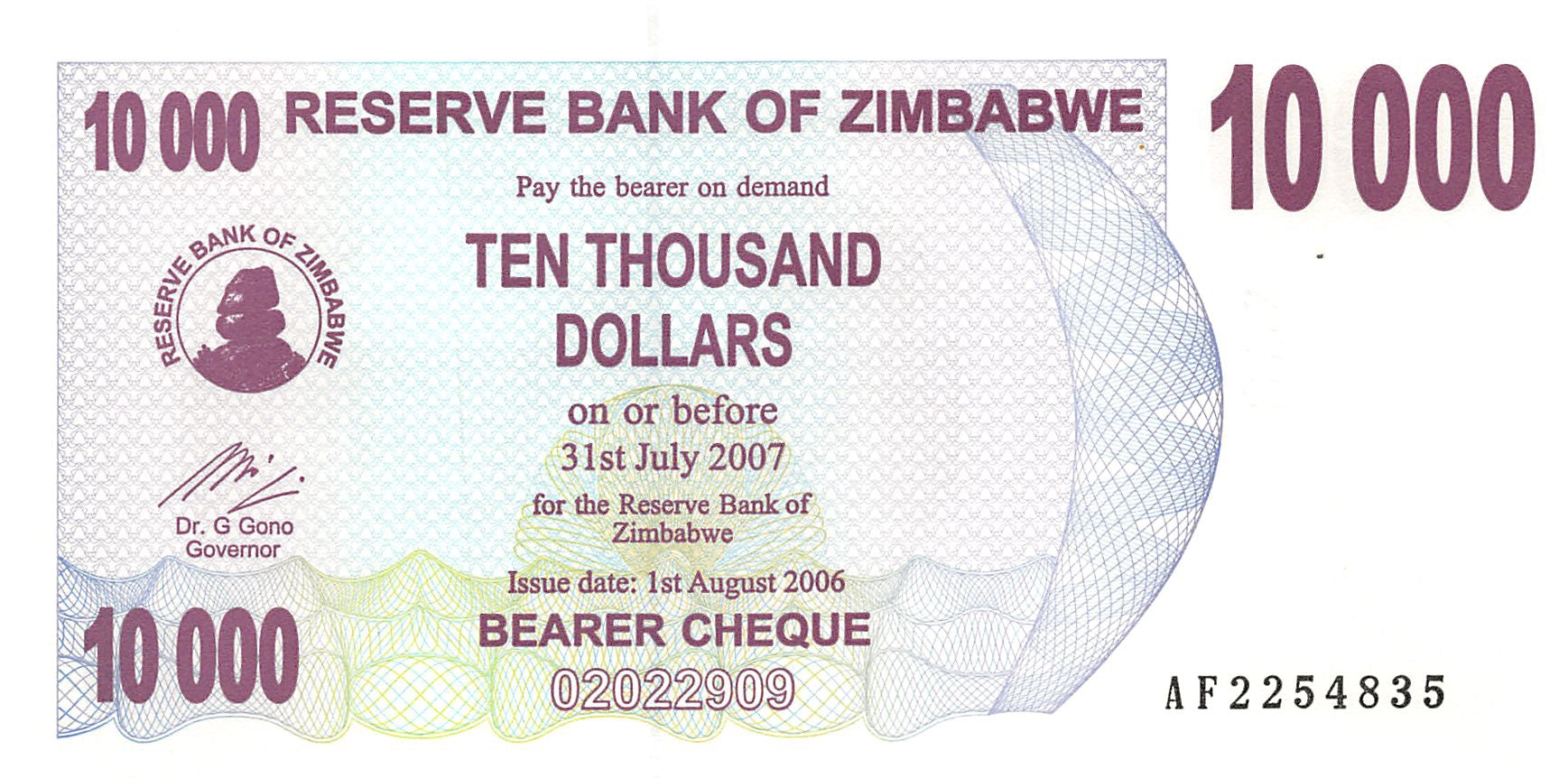 P-46b - Zimbabwe 10.000 Dollars 2006 Bearer Cheque AU