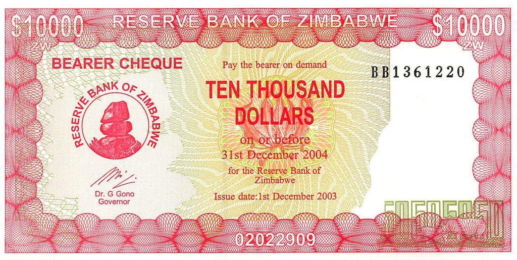 P-22d - Zimbabwe 10.000 Dollars 2004 Unc Bearer Cheque