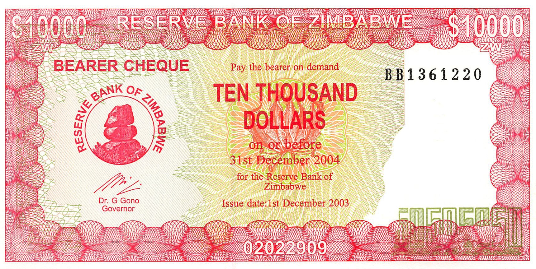 P-22d - Zimbabwe 10.000 Dollars 2004 Unc Bearer Cheque