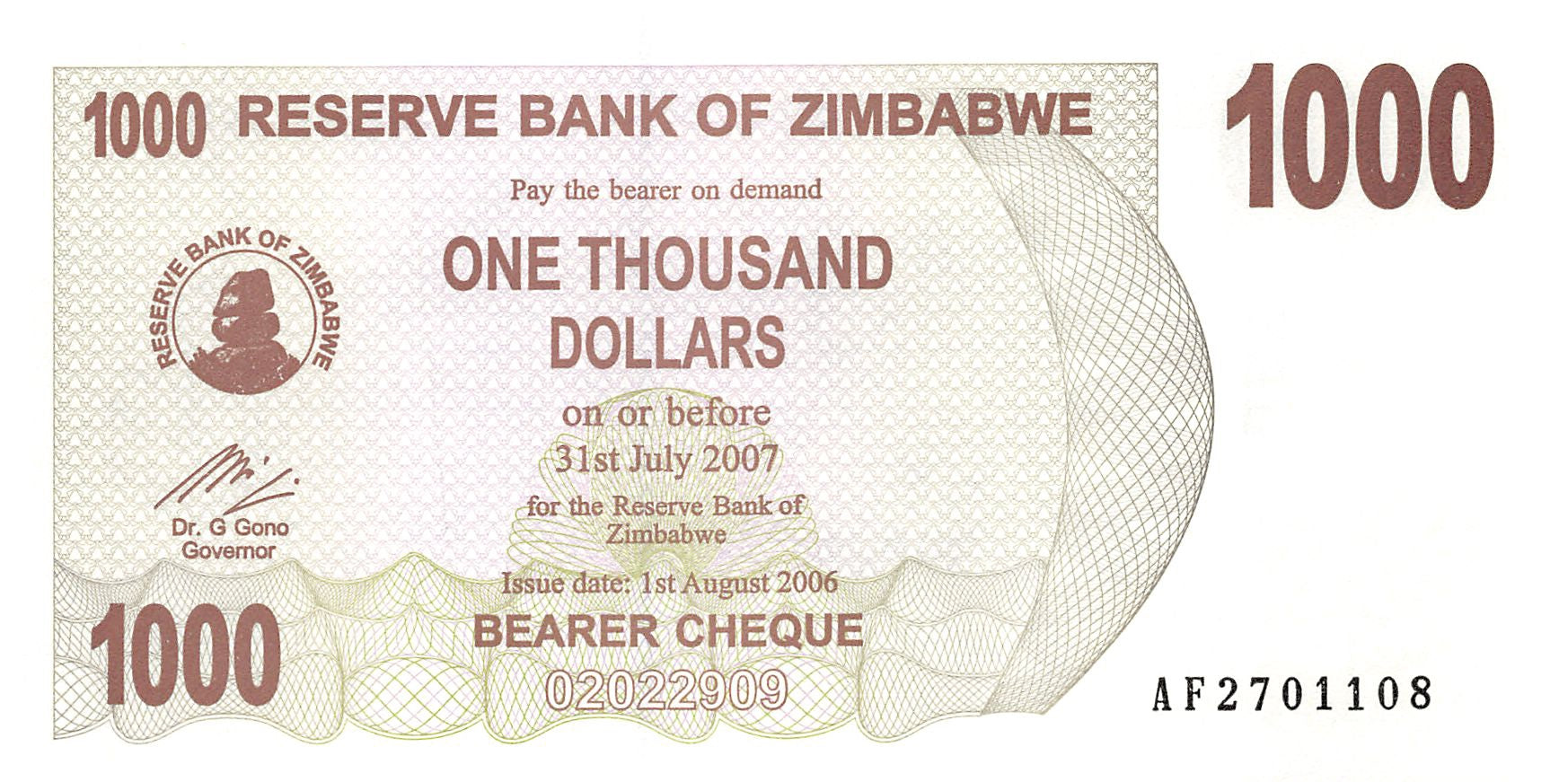 P-44 - Zimbabwe 1.000 Dollars 2006 Unc Bearer Cheque