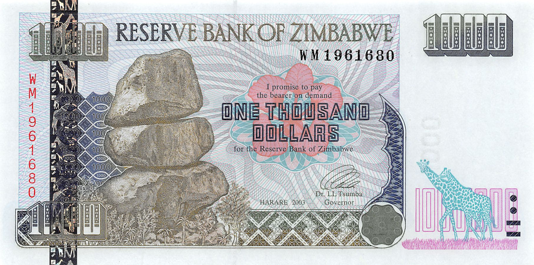 P-12b - Zimbabwe 1.000 Dollars 2003 Unc