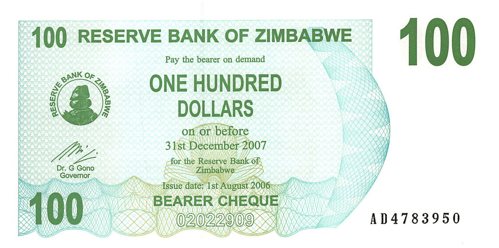 P-42 - Zimbabwe 100 Dollars 2006 Bearer Cheque Unc