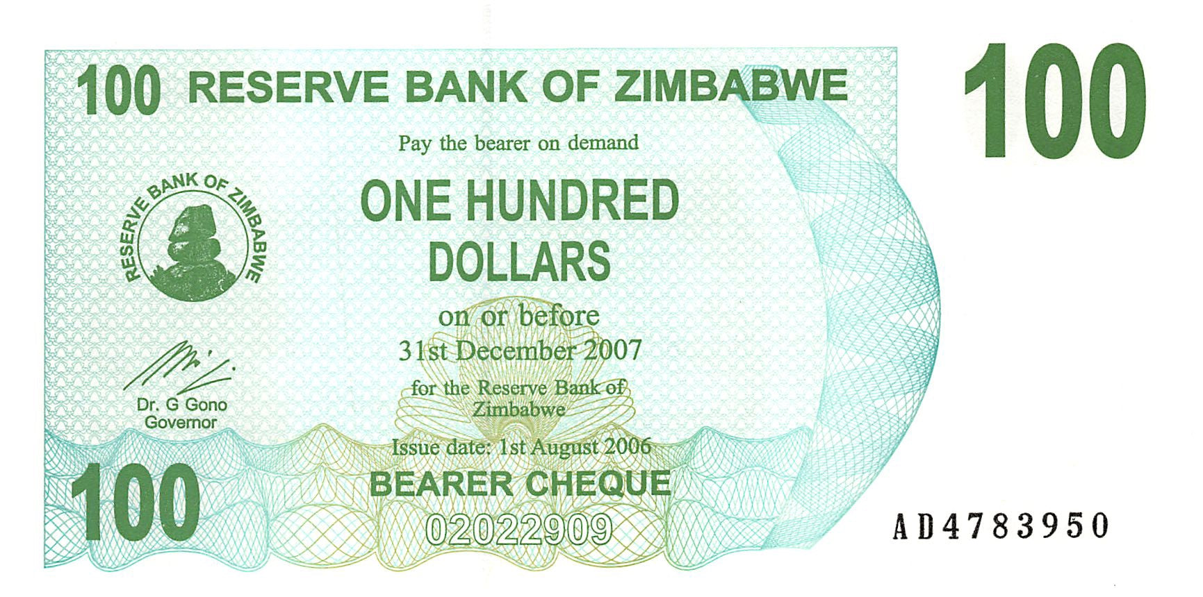 P-42 - Zimbabwe 100 Dollars 2006 Bearer Cheque Unc
