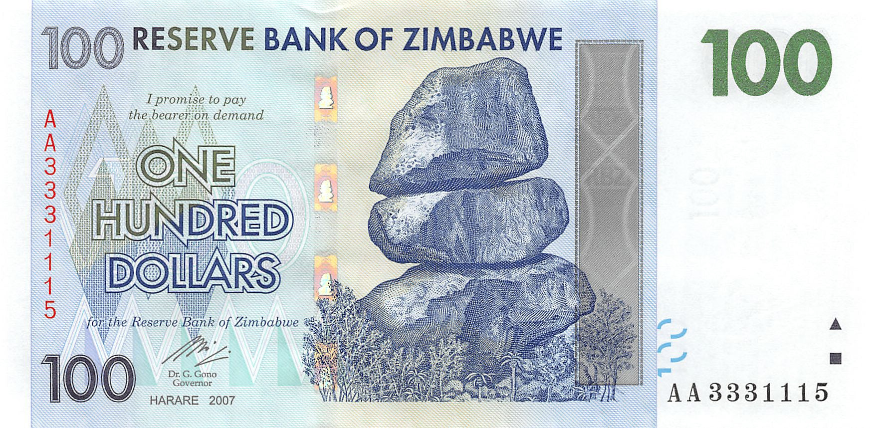 P-69a - Zimbabwe 100 Dollars 2007 Unc