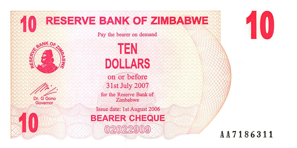 P-39 - Zimbabwe 10 Dollars 2006 Unc Bearer Cheque