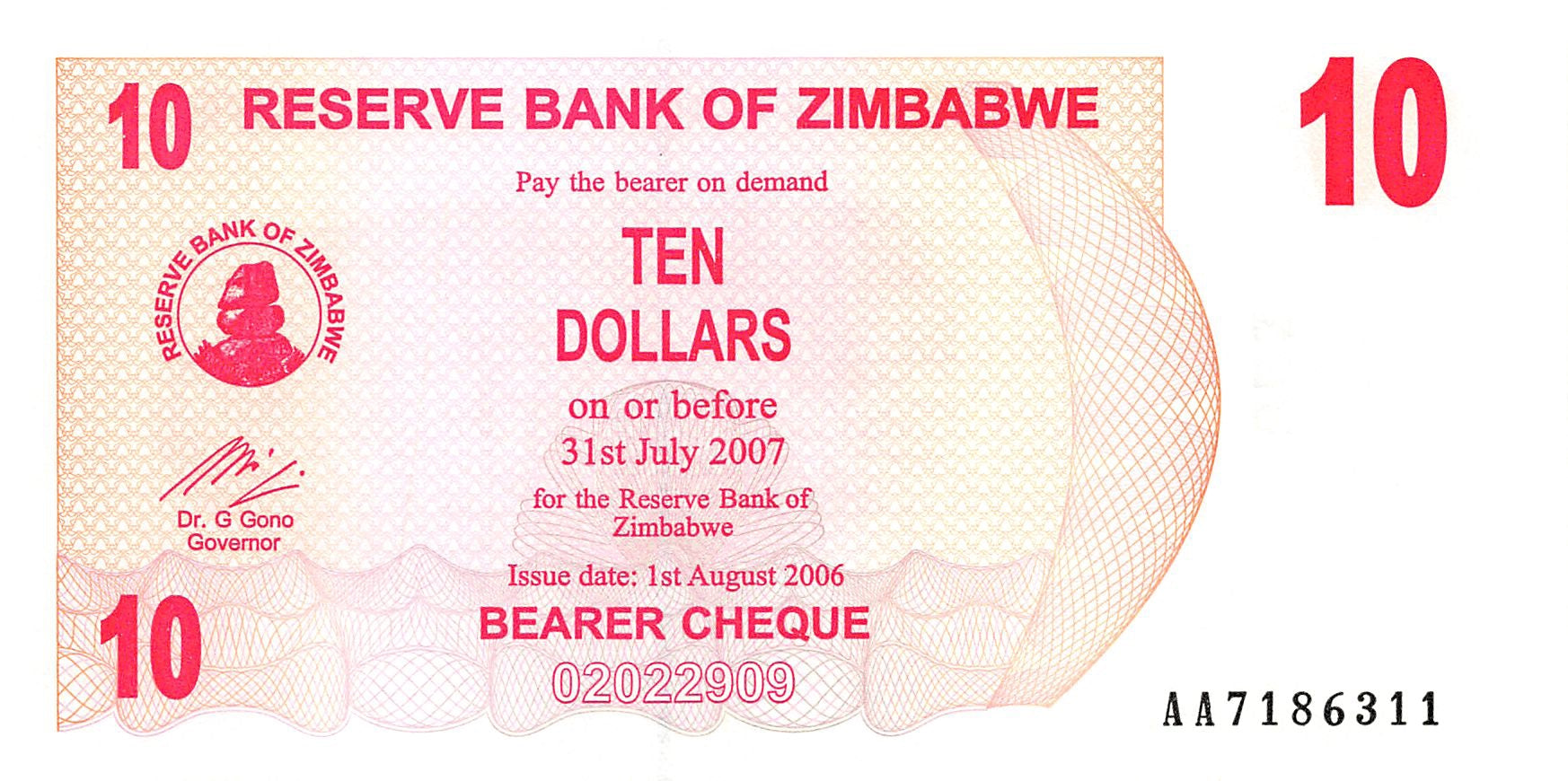 P-39 - Zimbabwe 10 Dollars 2006 Unc Bearer Cheque