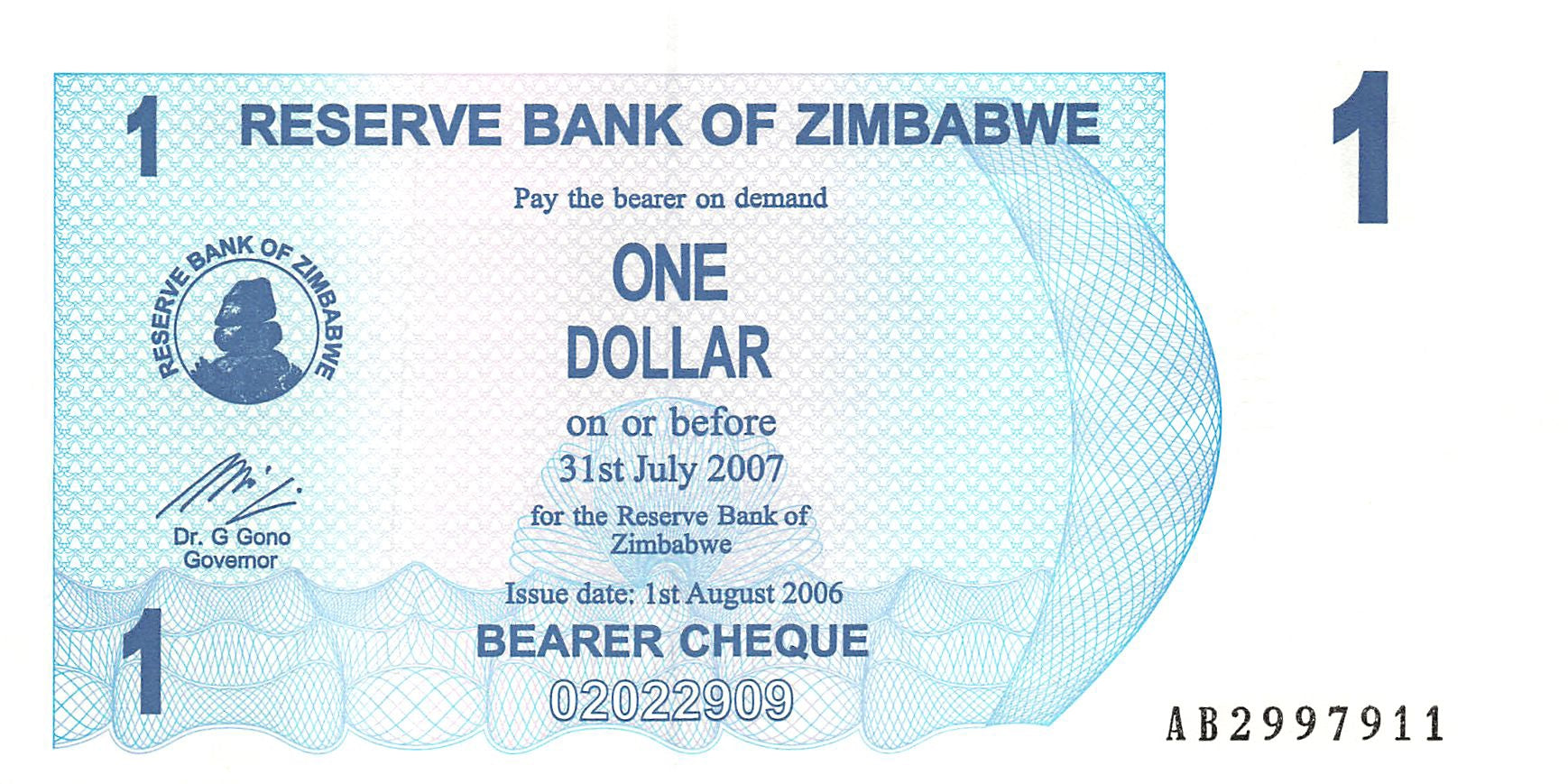 P-37 - Zimbabwe 1 Dollar 2006 Unc Bearer Cheque