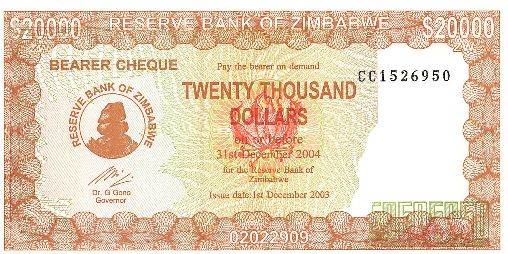 P-23d - Zimbabwe 20.000 Dollars 2004 Unc Bearer Cheque