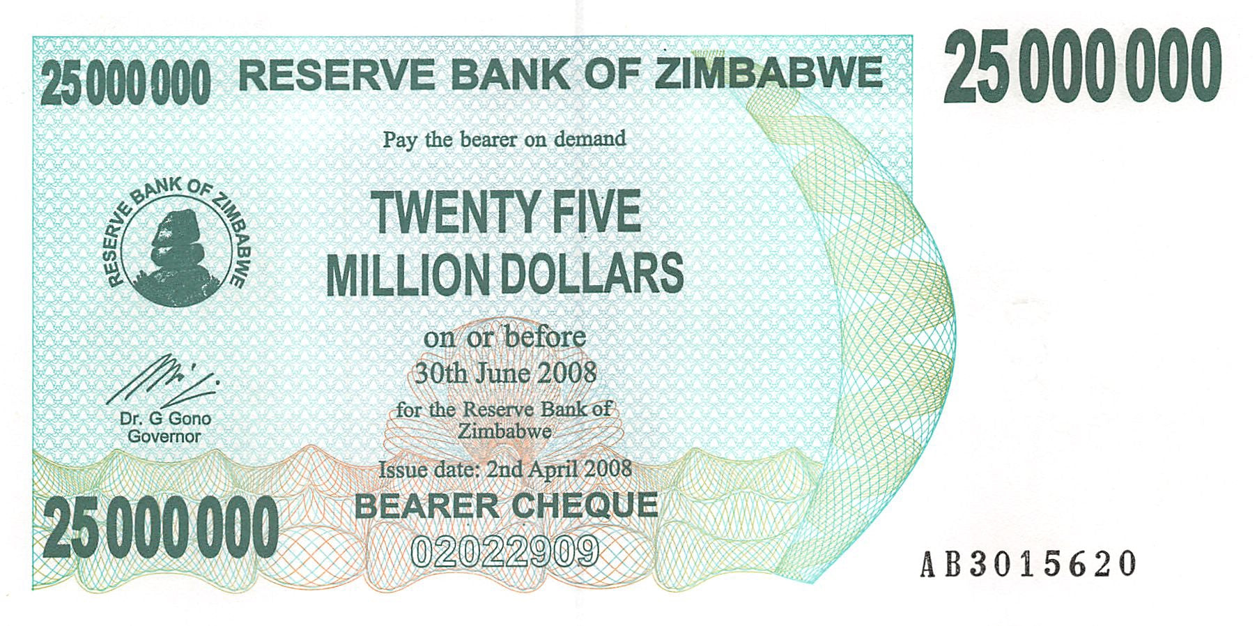P-56 - Zimbabwe 25.000.000 Dollars 2008 Bearer Cheque Unc