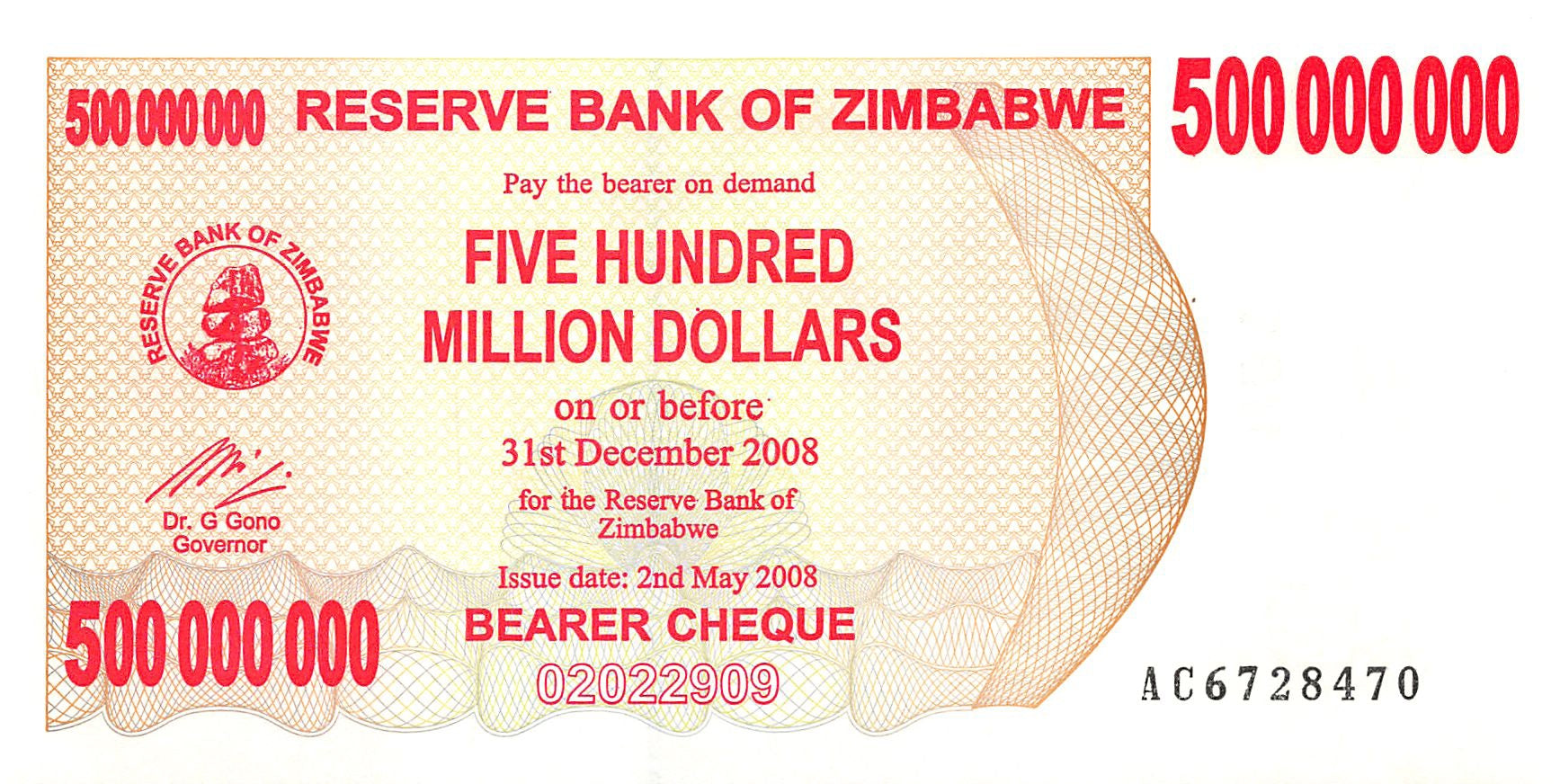 P-60 - Zimbabwe 500.000.000 Dollars 2008 Bearer Cheque Unc