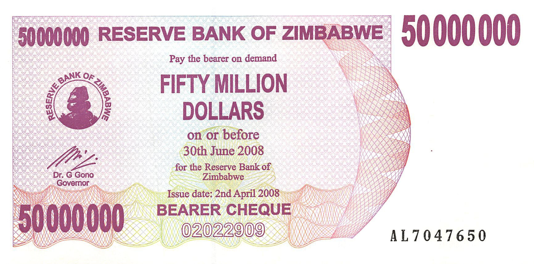 P-57 - Zimbabwe 50.000.000 Dollars 2008 Bearer Cheque Unc