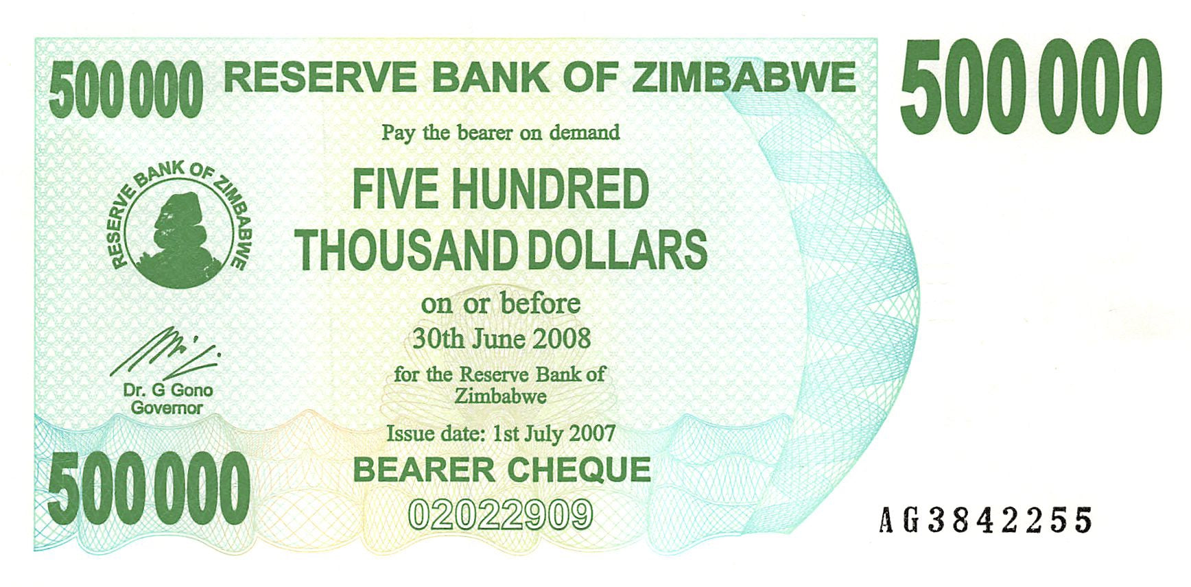 P-051 - Zimbabwe 500.000 Dollars 2006 Bearer Cheque Unc