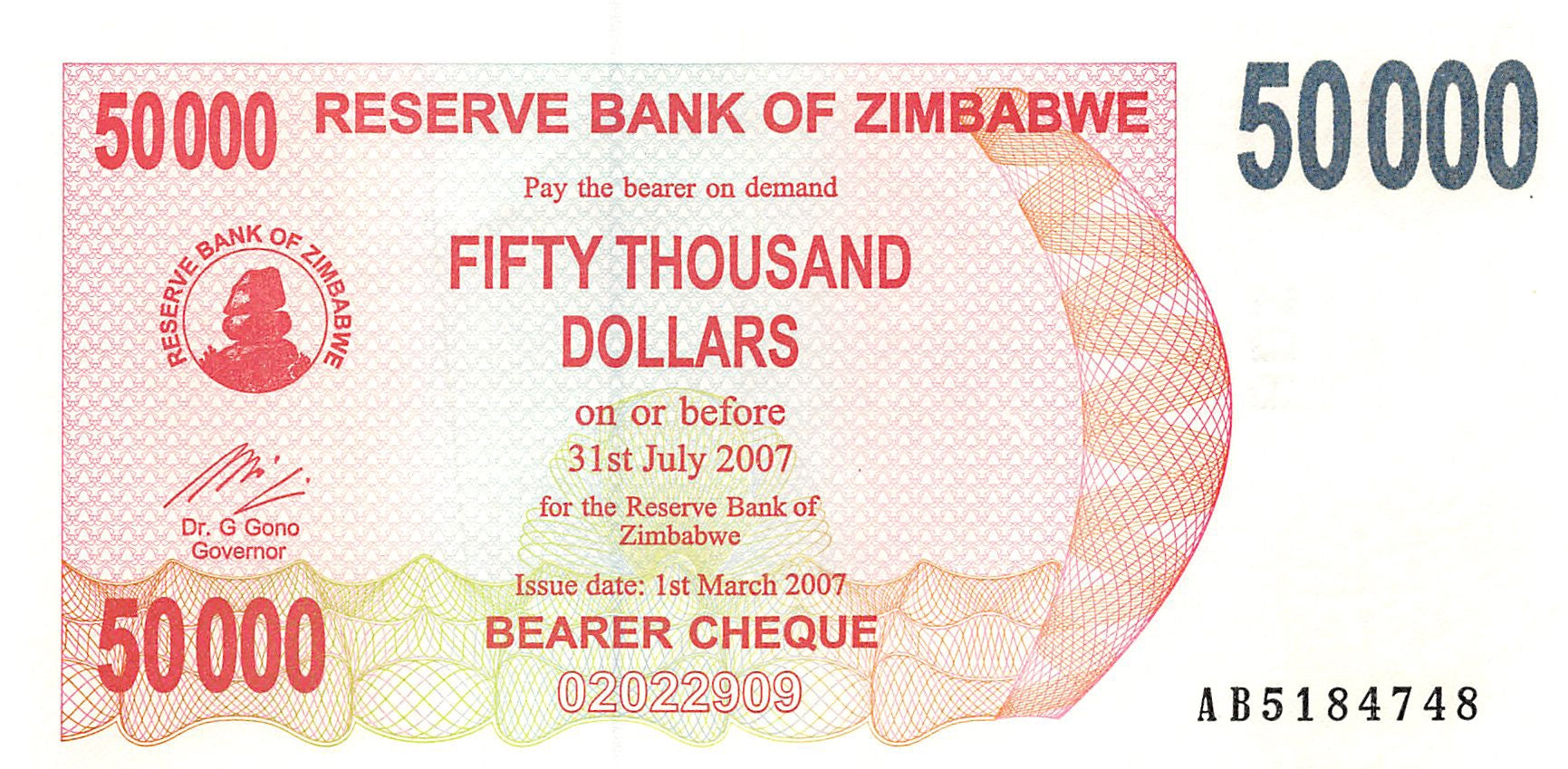 P-47 - Zimbabwe 50.000 Dollars 2007 Bearer Cheque Unc
