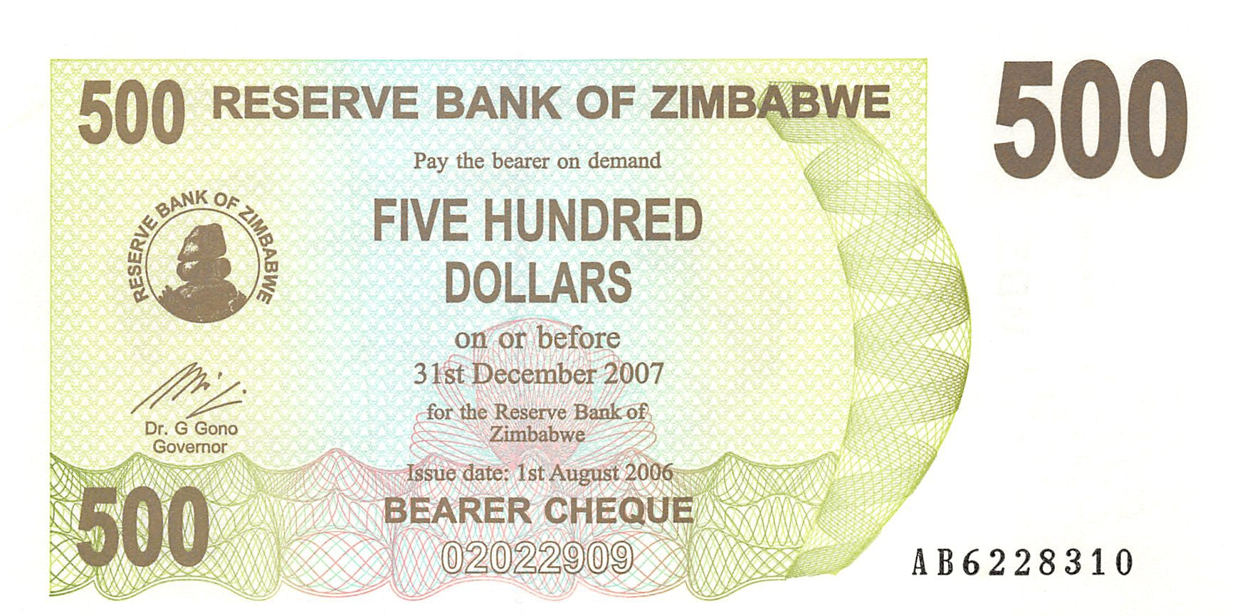 P-43 - Zimbabwe 500 Dollars 2006 Unc Bearer Cheque