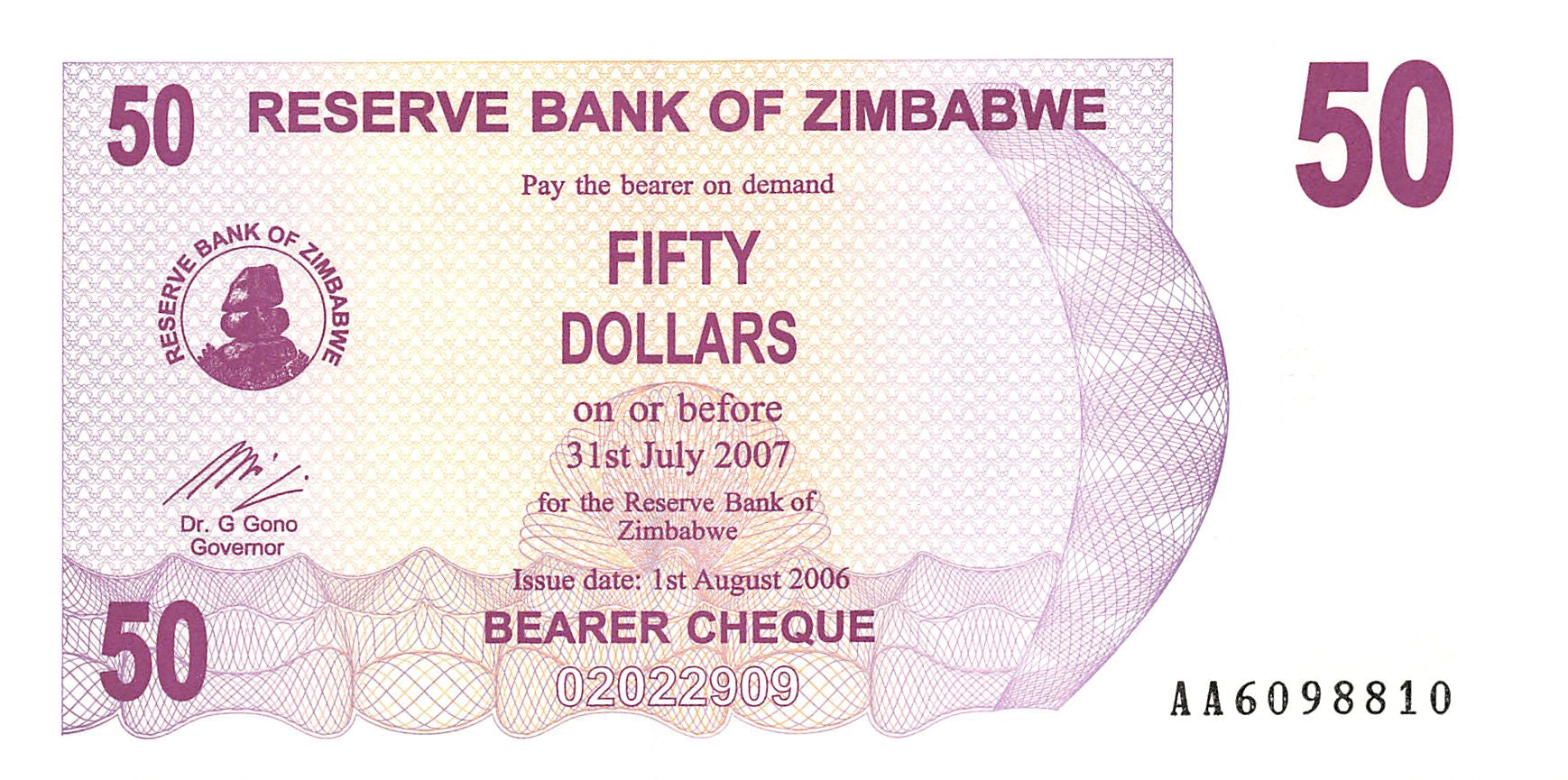 P-041 - Zimbabwe 50 Dollars 2006 Unc Bearer Cheque