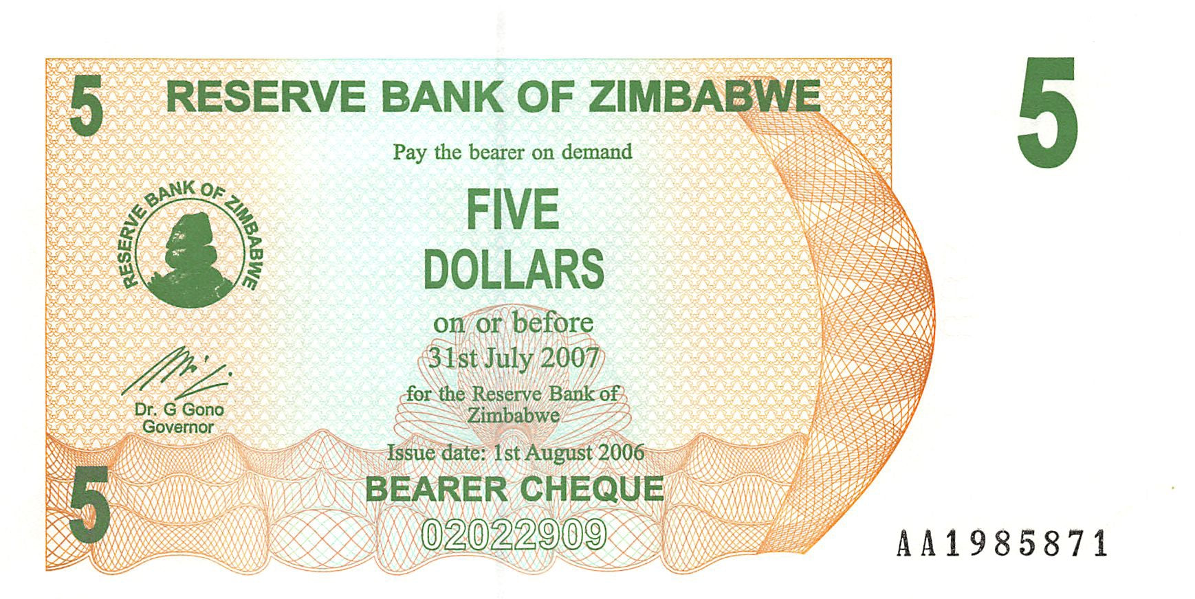 P-38 - Zimbabwe 5 Dollars 2006 Unc Bearer Cheque