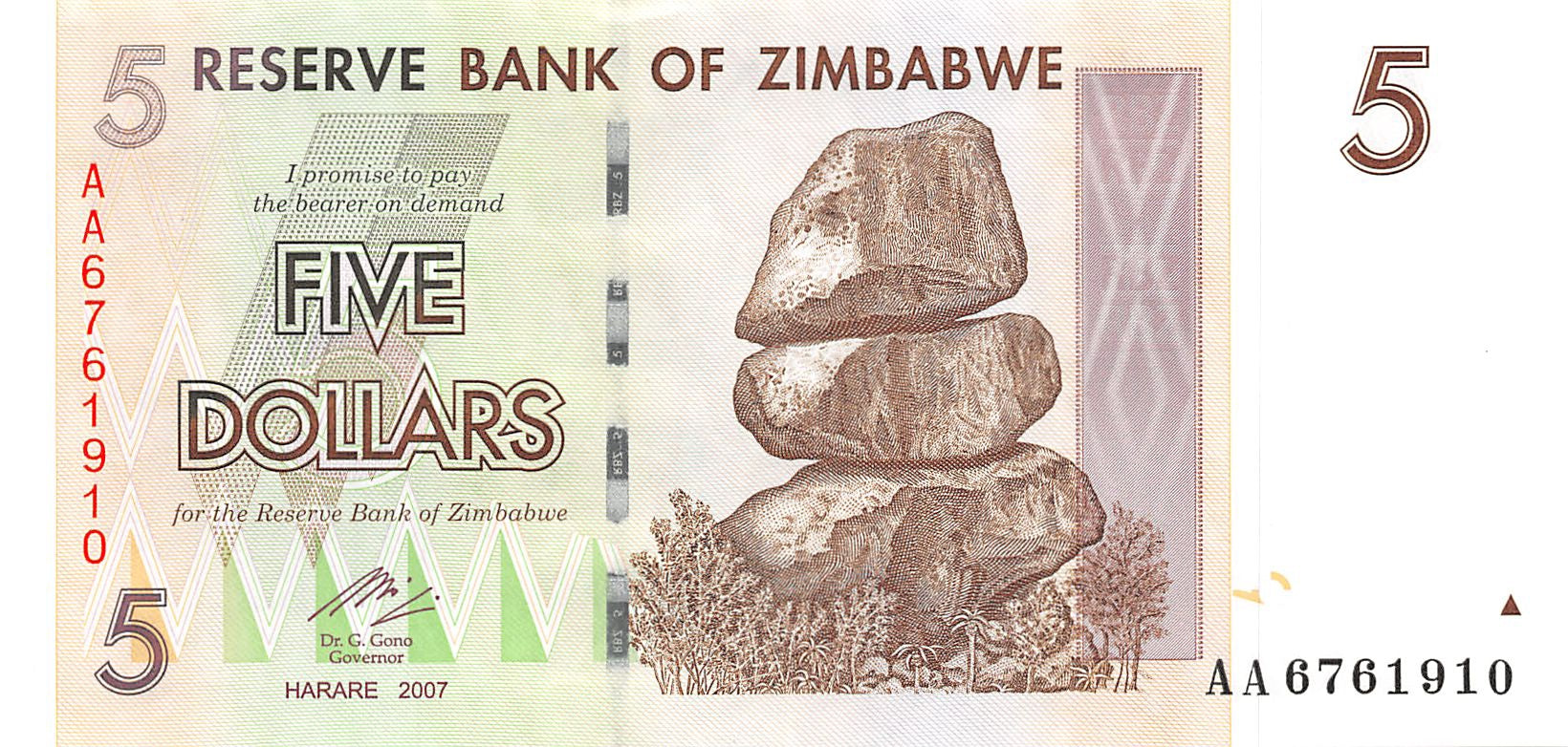 P-66 - Zimbabwe 5 Dollars 2007 Unc