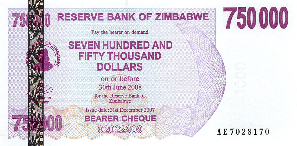 P-52 - Zimbabwe 750.000 Dollars 2007 Bearer Cheque Unc