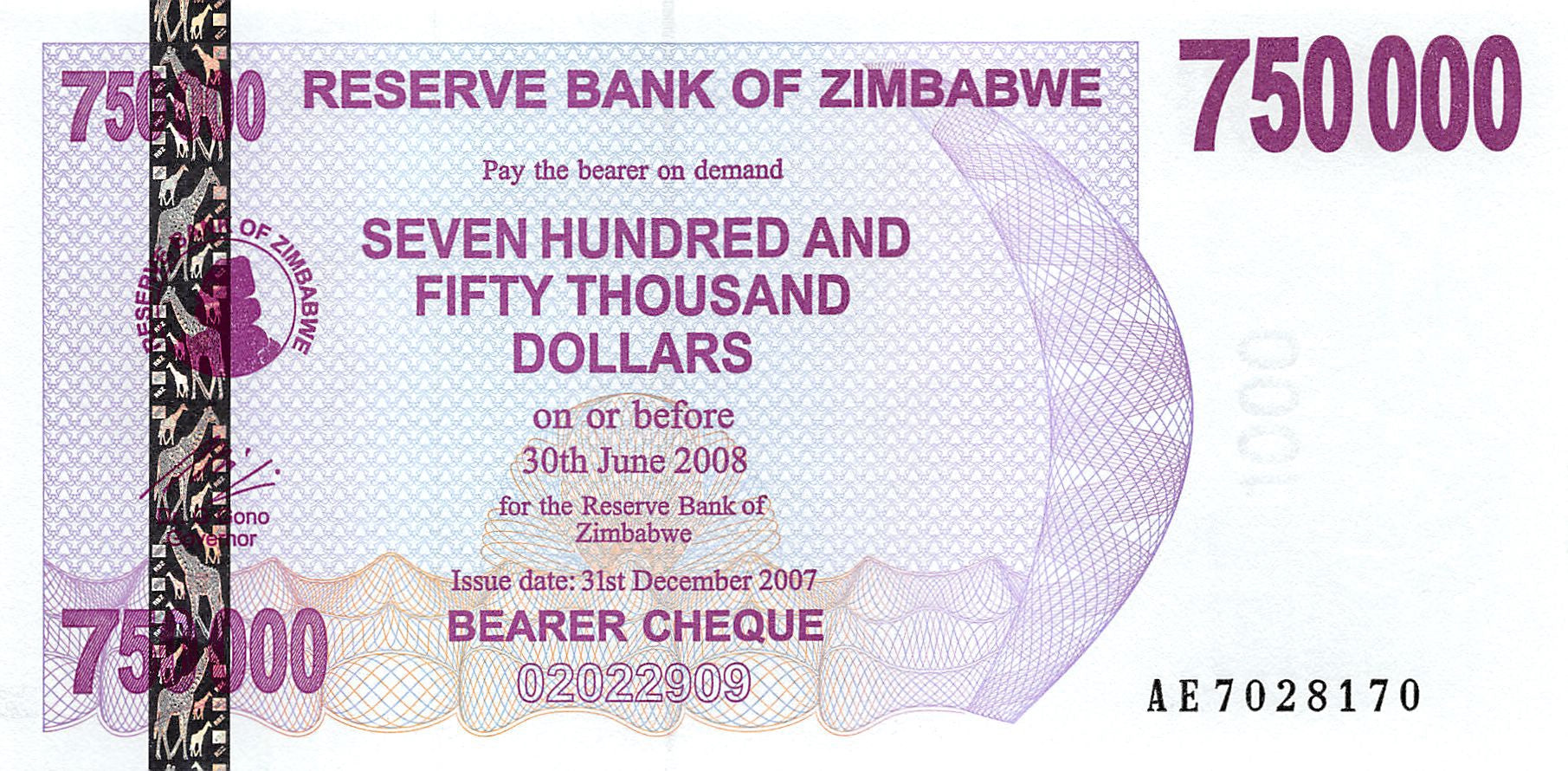P-52 - Zimbabwe 750.000 Dollars 2007 Bearer Cheque Unc